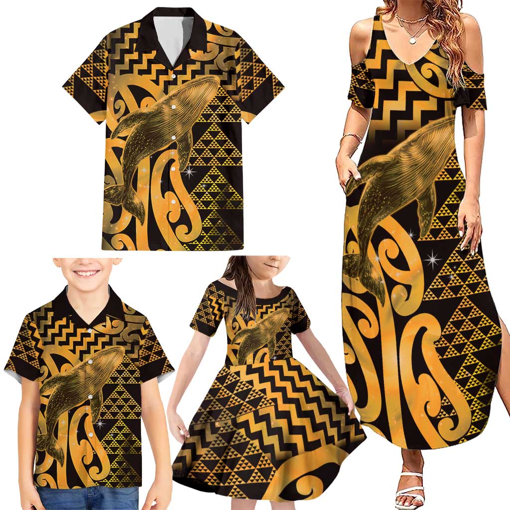 Humpback Whale Matariki New Zealand Family Matching Summer Maxi Dress and Hawaiian Shirt NZ Maori Paikea Poutama Luxury Gold