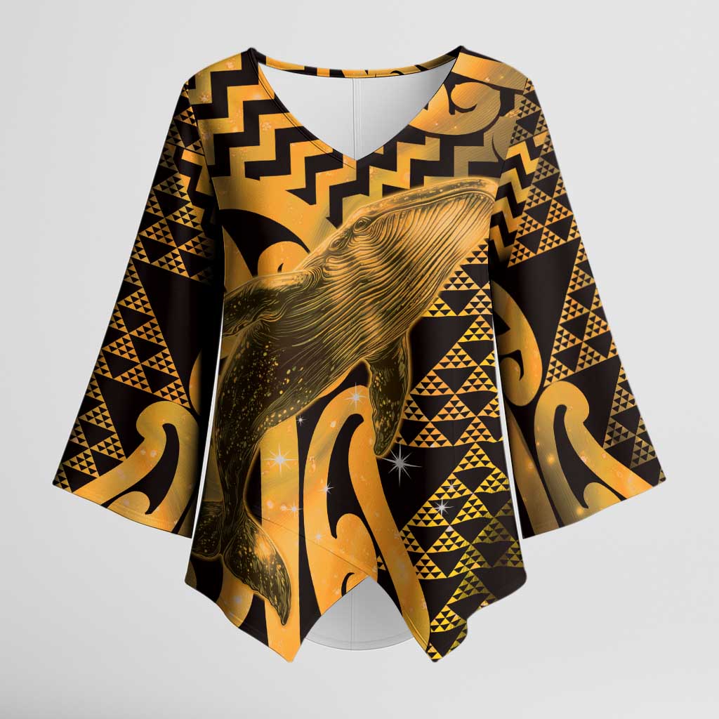 Humpback Whale Matariki New Zealand Kimono Sleeve Blouse NZ Maori Paikea Poutama Luxury Gold