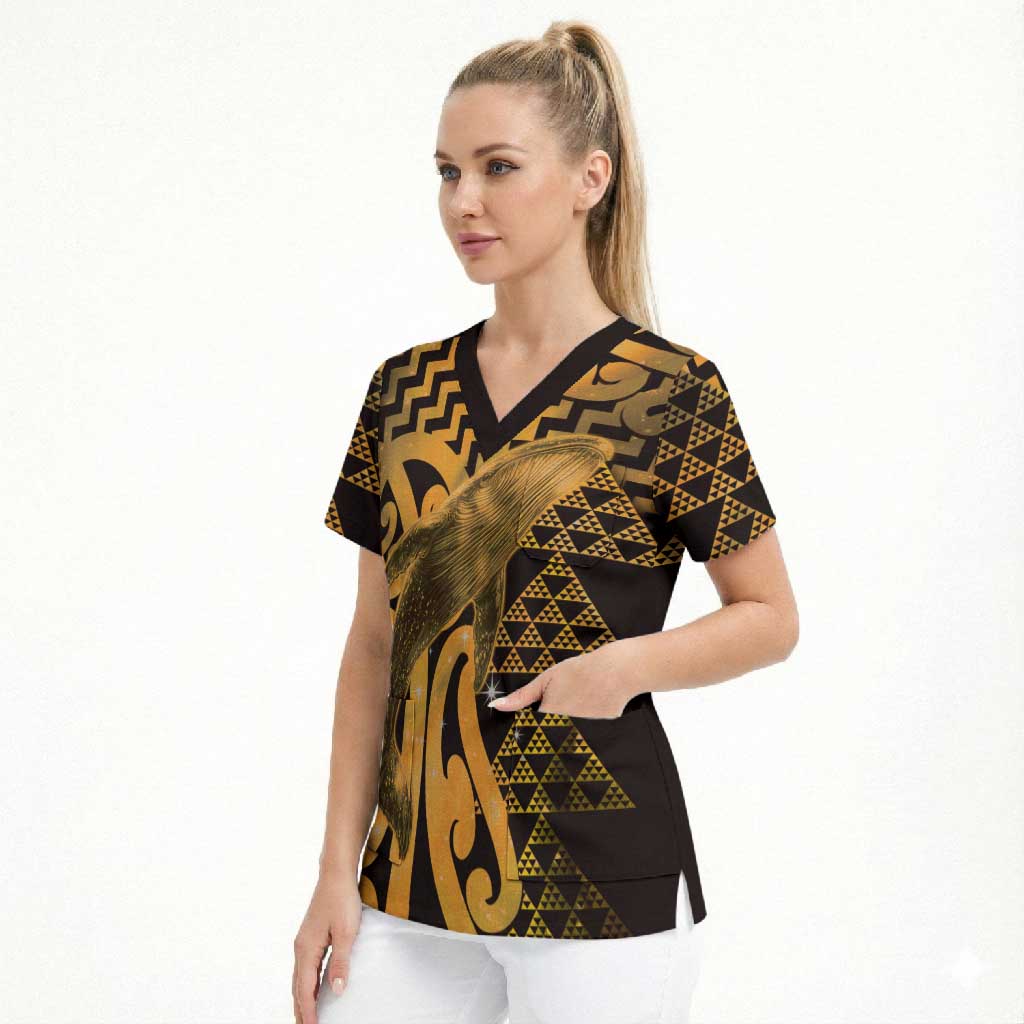 Humpback Whale Matariki New Zealand Scrub Top NZ Maori Paikea Poutama Luxury Gold LT14 - Polynesian Pride