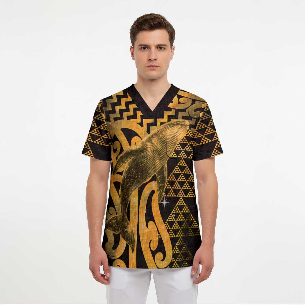 Humpback Whale Matariki New Zealand Scrub Top NZ Maori Paikea Poutama Luxury Gold LT14 - Polynesian Pride