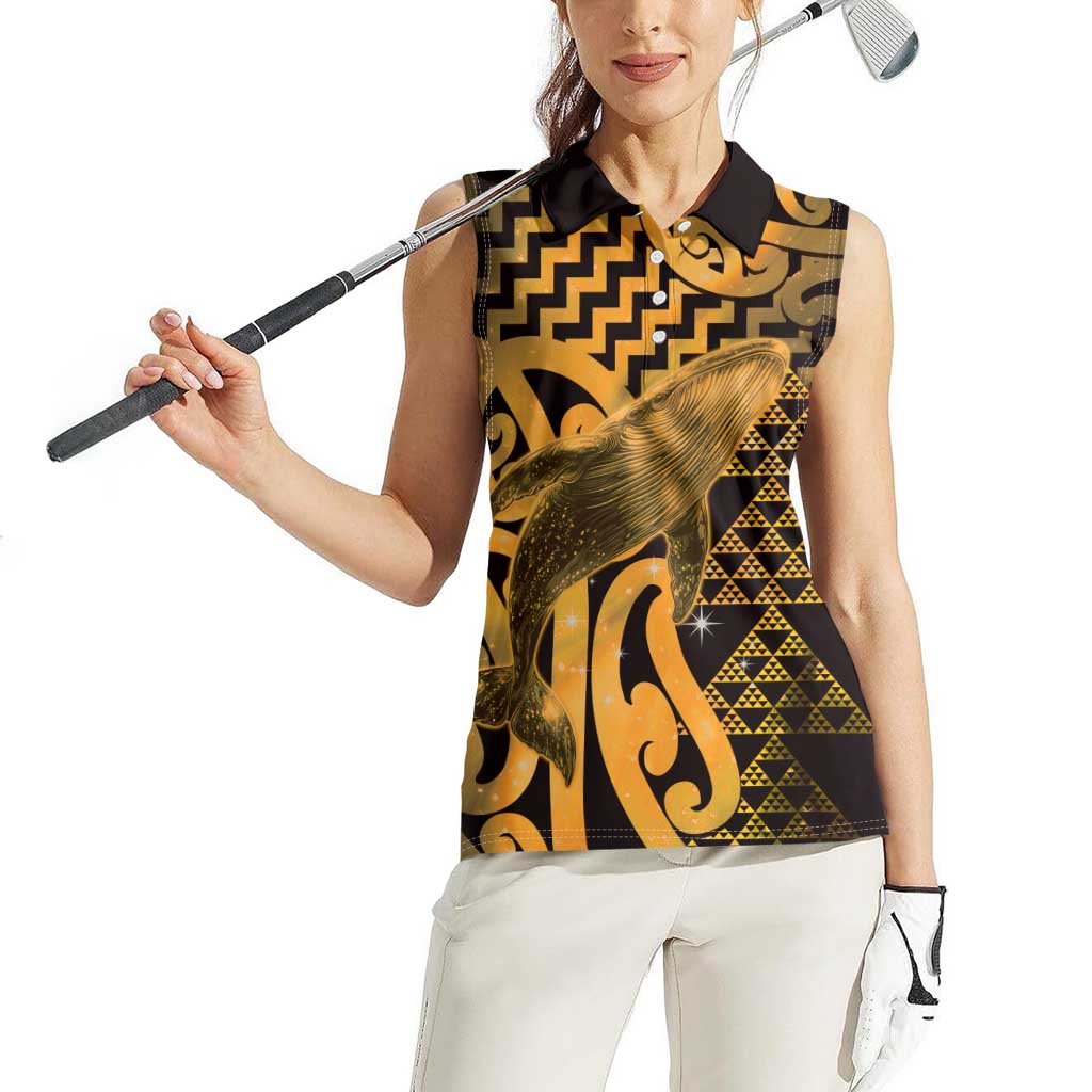 Humpback Whale Matariki New Zealand Women Sleeveless Polo Shirt NZ Maori Paikea Poutama Luxury Gold