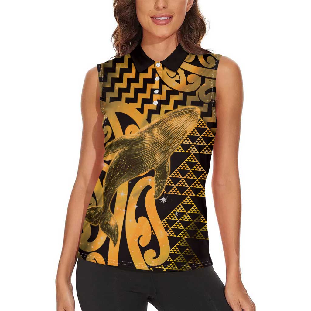Humpback Whale Matariki New Zealand Women Sleeveless Polo Shirt NZ Maori Paikea Poutama Luxury Gold