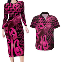 Humpback Whale Matariki New Zealand Couples Matching Long Sleeve Bodycon Dress and Hawaiian Shirt NZ Maori Paikea Poutama Luxury Pink