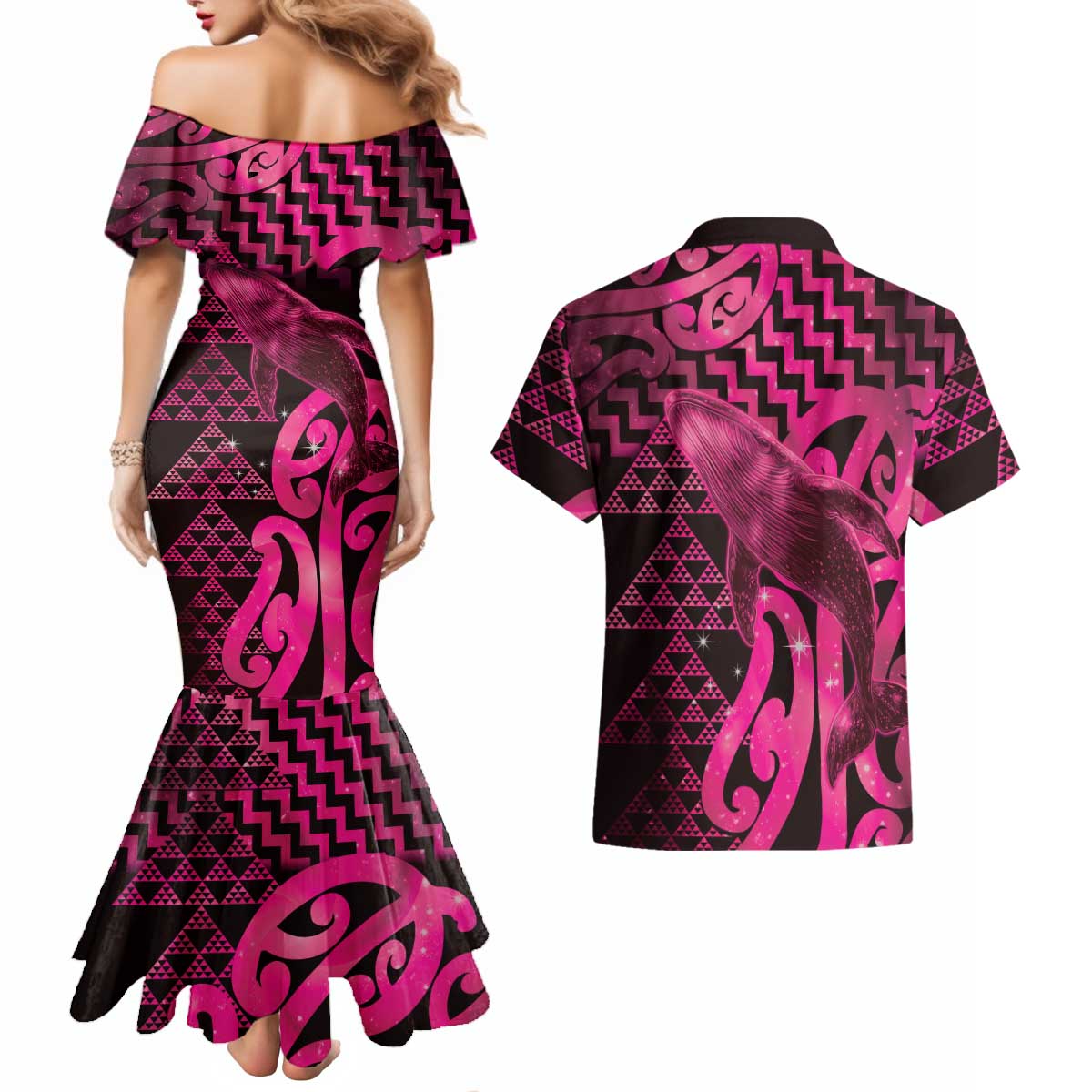 Humpback Whale Matariki New Zealand Couples Matching Mermaid Dress and Hawaiian Shirt NZ Maori Paikea Poutama Luxury Pink