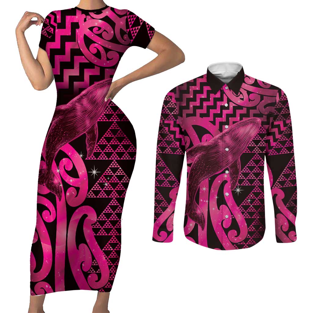 Humpback Whale Matariki New Zealand Couples Matching Short Sleeve Bodycon Dress and Long Sleeve Button Shirt NZ Maori Paikea Poutama Luxury Pink