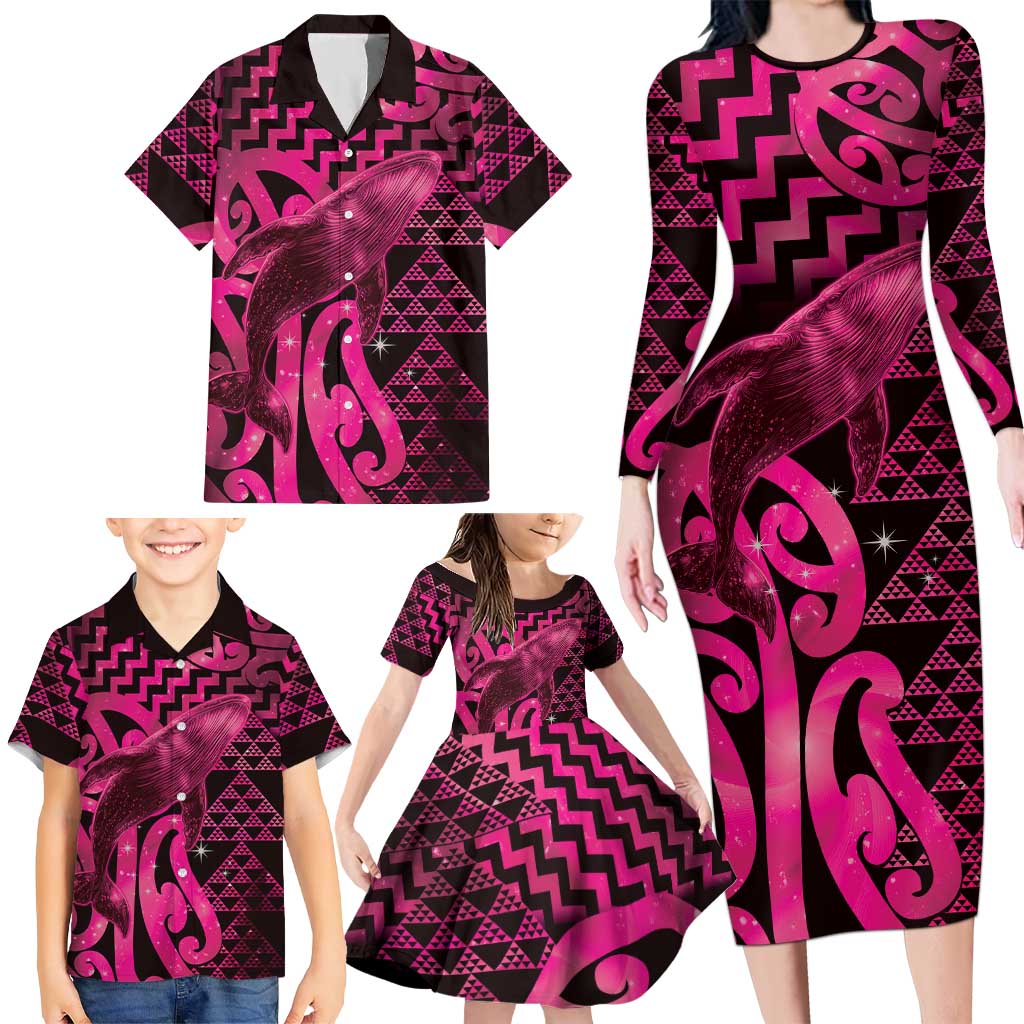 Humpback Whale Matariki New Zealand Family Matching Long Sleeve Bodycon Dress and Hawaiian Shirt NZ Maori Paikea Poutama Luxury Pink