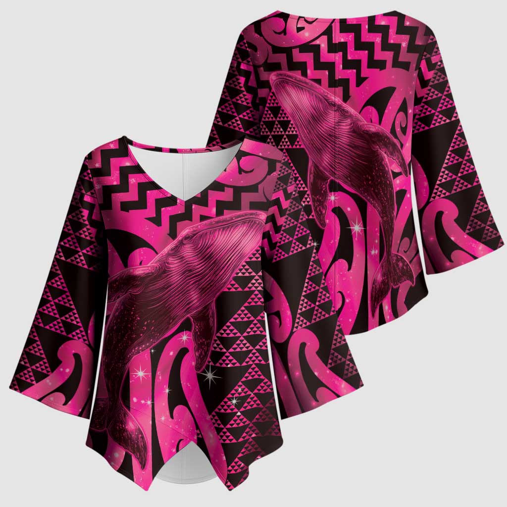 Humpback Whale Matariki New Zealand Kimono Sleeve Blouse NZ Maori Paikea Poutama Luxury Pink