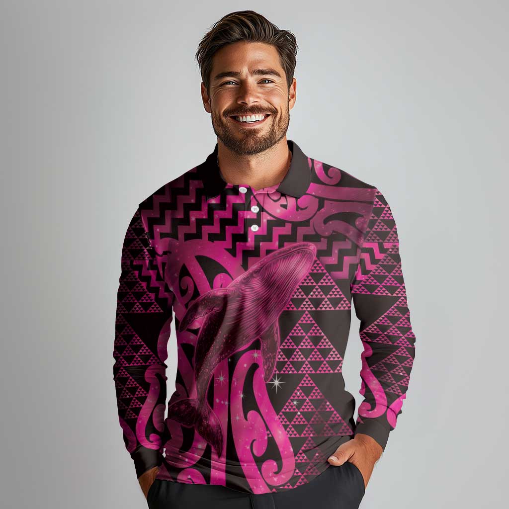 Humpback Whale Matariki New Zealand Long Sleeve Polo Shirt NZ Maori Paikea Poutama Luxury Pink