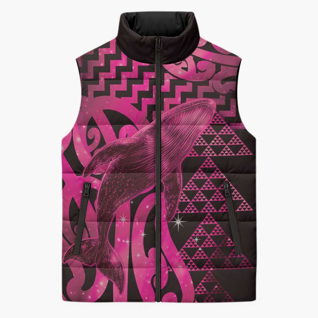 Humpback Whale Matariki New Zealand Sleeveless Puffer Jacket NZ Maori Paikea Poutama Luxury Pink
