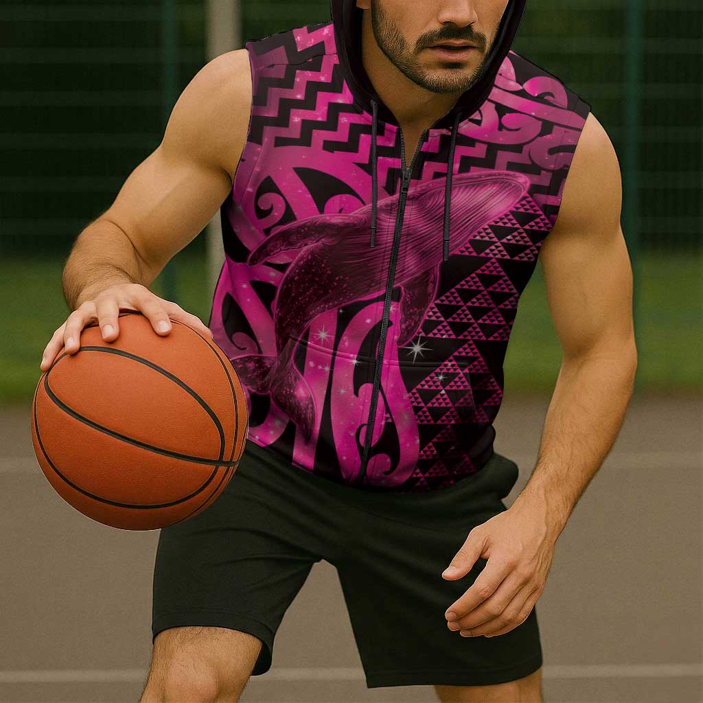 Humpback Whale Matariki New Zealand Sleeveless Zip Hoodie NZ Maori Paikea Poutama Luxury Pink