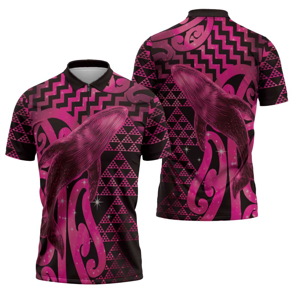 Humpback Whale Matariki New Zealand Zipper Polo Shirt NZ Maori Paikea Poutama Luxury Pink