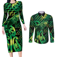 Humpback Whale Matariki New Zealand Couples Matching Long Sleeve Bodycon Dress and Long Sleeve Button Shirt NZ Maori Paikea Poutama Luxury Green