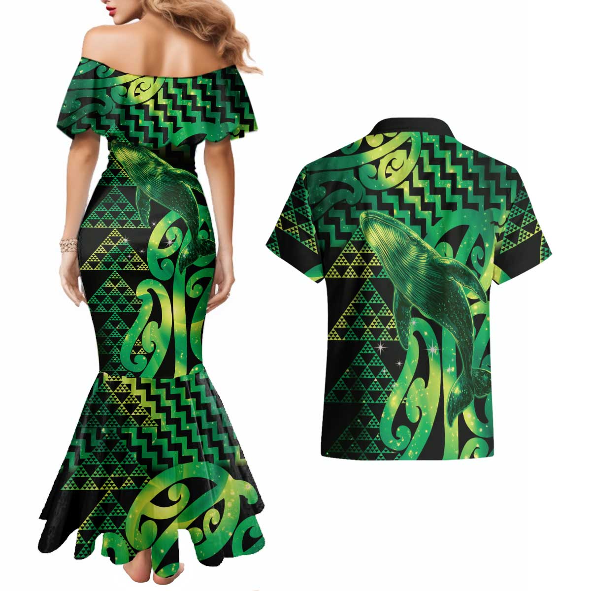 Humpback Whale Matariki New Zealand Couples Matching Mermaid Dress and Hawaiian Shirt NZ Maori Paikea Poutama Luxury Green