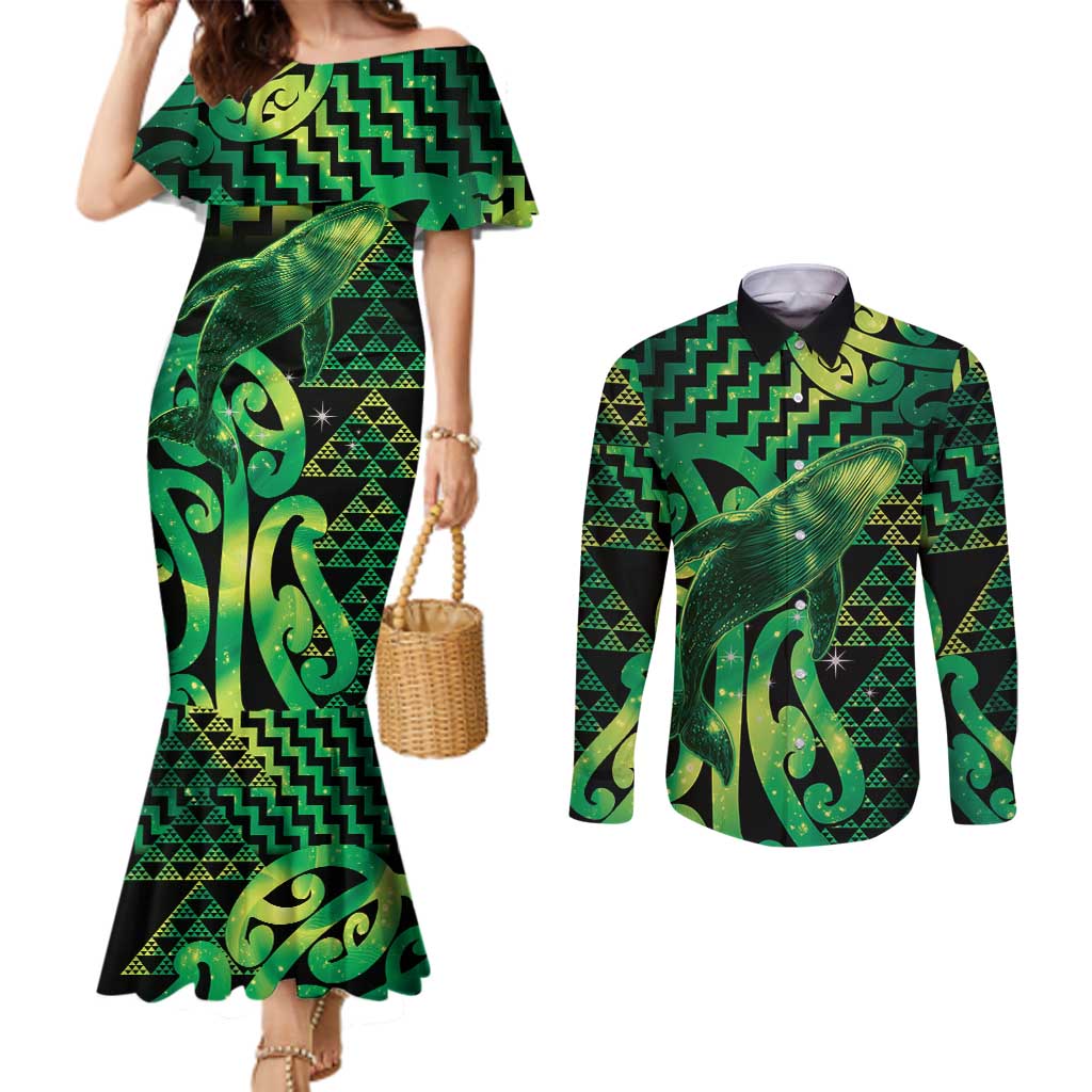 Humpback Whale Matariki New Zealand Couples Matching Mermaid Dress and Long Sleeve Button Shirt NZ Maori Paikea Poutama Luxury Green LT14 Green - Polynesian Pride