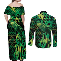 Humpback Whale Matariki New Zealand Couples Matching Off Shoulder Maxi Dress and Long Sleeve Button Shirt NZ Maori Paikea Poutama Luxury Green