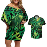 Humpback Whale Matariki New Zealand Couples Matching Off Shoulder Short Dress and Hawaiian Shirt NZ Maori Paikea Poutama Luxury Green