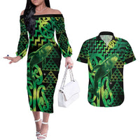 Humpback Whale Matariki New Zealand Couples Matching Off The Shoulder Long Sleeve Dress and Hawaiian Shirt NZ Maori Paikea Poutama Luxury Green