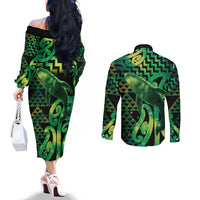 Humpback Whale Matariki New Zealand Couples Matching Off The Shoulder Long Sleeve Dress and Long Sleeve Button Shirt NZ Maori Paikea Poutama Luxury Green