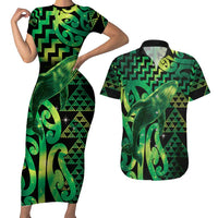 Humpback Whale Matariki New Zealand Couples Matching Short Sleeve Bodycon Dress and Hawaiian Shirt NZ Maori Paikea Poutama Luxury Green