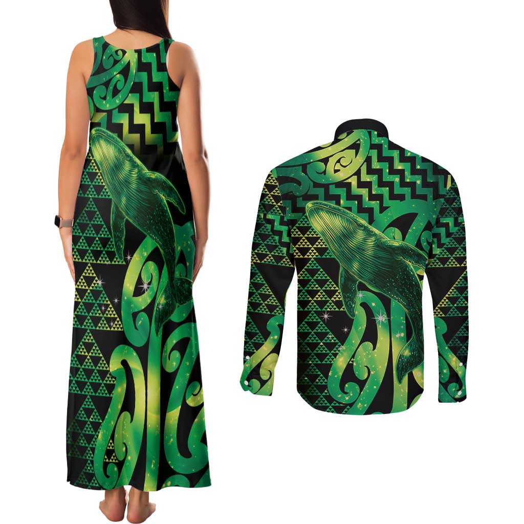 Humpback Whale Matariki New Zealand Couples Matching Tank Maxi Dress and Long Sleeve Button Shirt NZ Maori Paikea Poutama Luxury Green