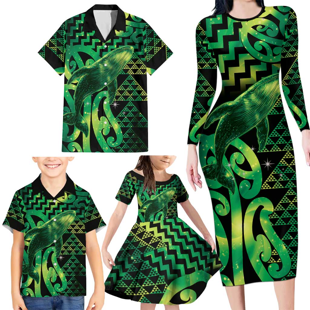 Humpback Whale Matariki New Zealand Family Matching Long Sleeve Bodycon Dress and Hawaiian Shirt NZ Maori Paikea Poutama Luxury Green LT14 - Polynesian Pride
