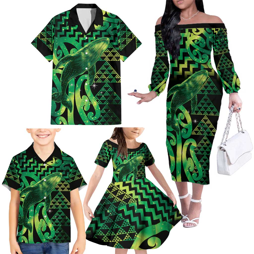 Humpback Whale Matariki New Zealand Family Matching Off The Shoulder Long Sleeve Dress and Hawaiian Shirt NZ Maori Paikea Poutama Luxury Green LT14 - Polynesian Pride