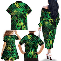 Humpback Whale Matariki New Zealand Family Matching Off The Shoulder Long Sleeve Dress and Hawaiian Shirt NZ Maori Paikea Poutama Luxury Green