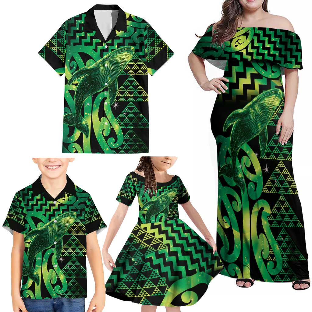 Humpback Whale Matariki New Zealand Family Matching Off Shoulder Maxi Dress and Hawaiian Shirt NZ Maori Paikea Poutama Luxury Green LT14 - Polynesian Pride
