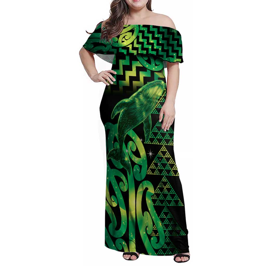 Humpback Whale Matariki New Zealand Family Matching Off Shoulder Maxi Dress and Hawaiian Shirt NZ Maori Paikea Poutama Luxury Green