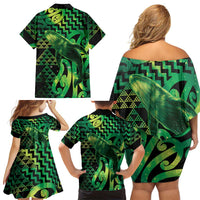Humpback Whale Matariki New Zealand Family Matching Off Shoulder Short Dress and Hawaiian Shirt NZ Maori Paikea Poutama Luxury Green