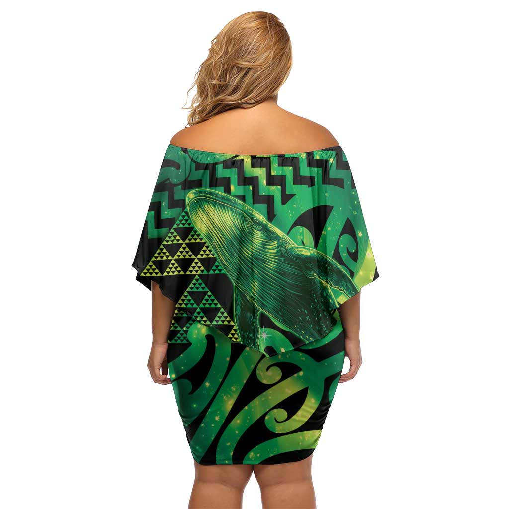 Humpback Whale Matariki New Zealand Family Matching Off Shoulder Short Dress and Hawaiian Shirt NZ Maori Paikea Poutama Luxury Green