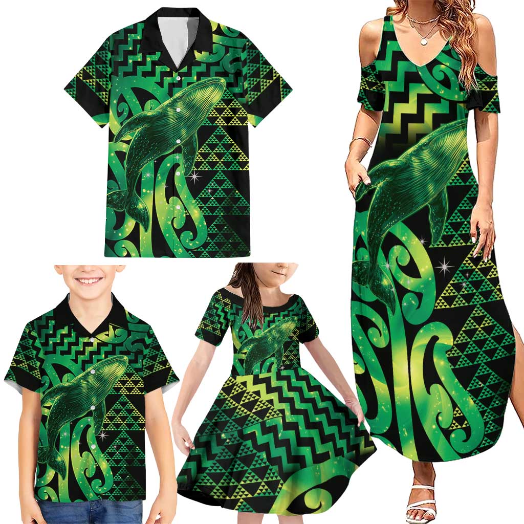 Humpback Whale Matariki New Zealand Family Matching Summer Maxi Dress and Hawaiian Shirt NZ Maori Paikea Poutama Luxury Green