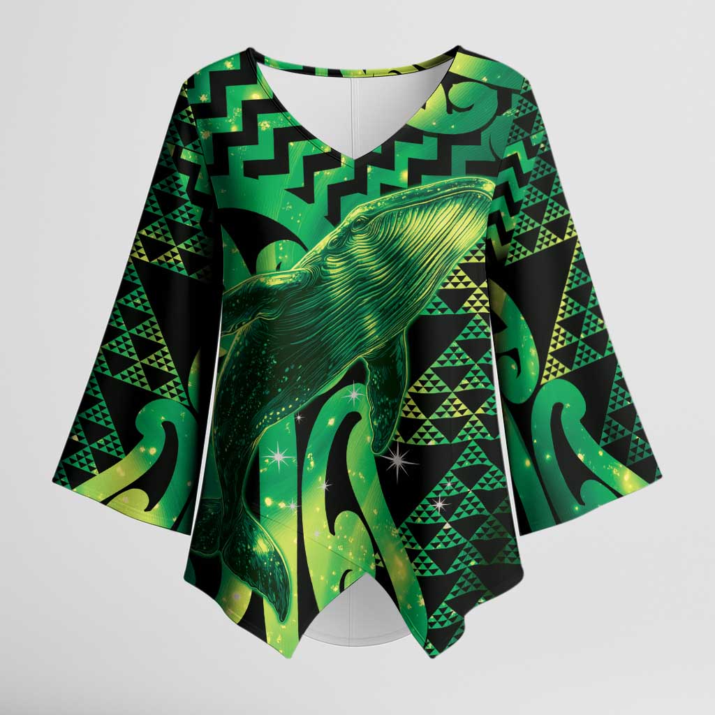 Humpback Whale Matariki New Zealand Kimono Sleeve Blouse NZ Maori Paikea Poutama Luxury Green