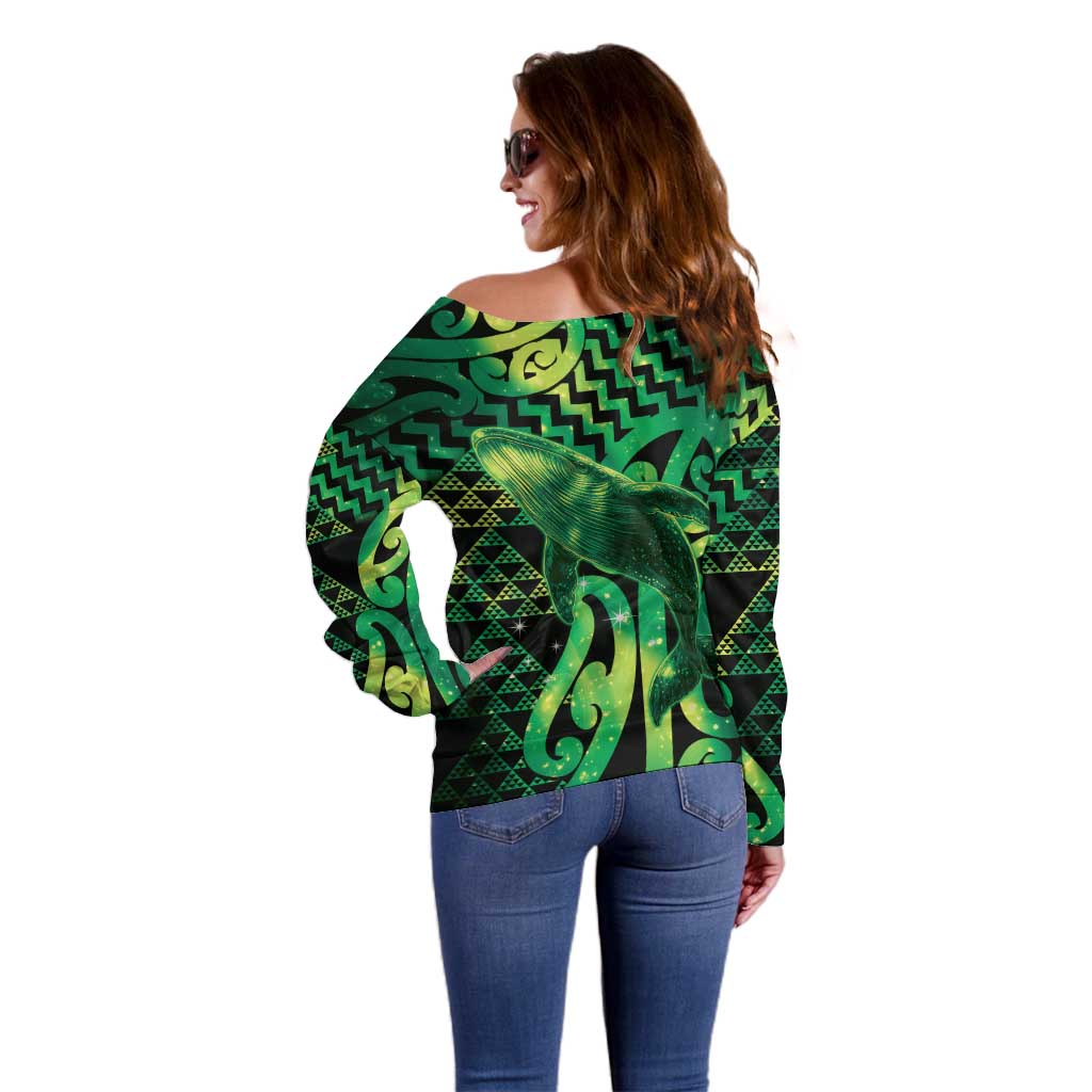 Humpback Whale Matariki New Zealand Off Shoulder Sweater NZ Maori Paikea Poutama Luxury Green