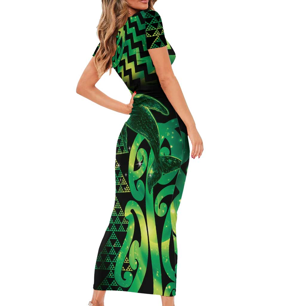 Humpback Whale Matariki New Zealand Short Sleeve Bodycon Dress NZ Maori Paikea Poutama Luxury Green