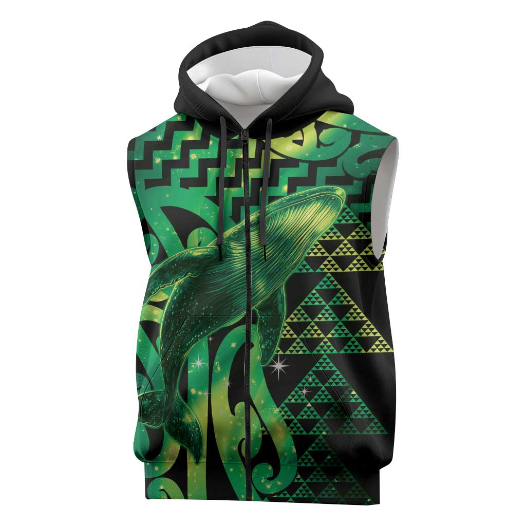 Humpback Whale Matariki New Zealand Sleeveless Zip Hoodie NZ Maori Paikea Poutama Luxury Green