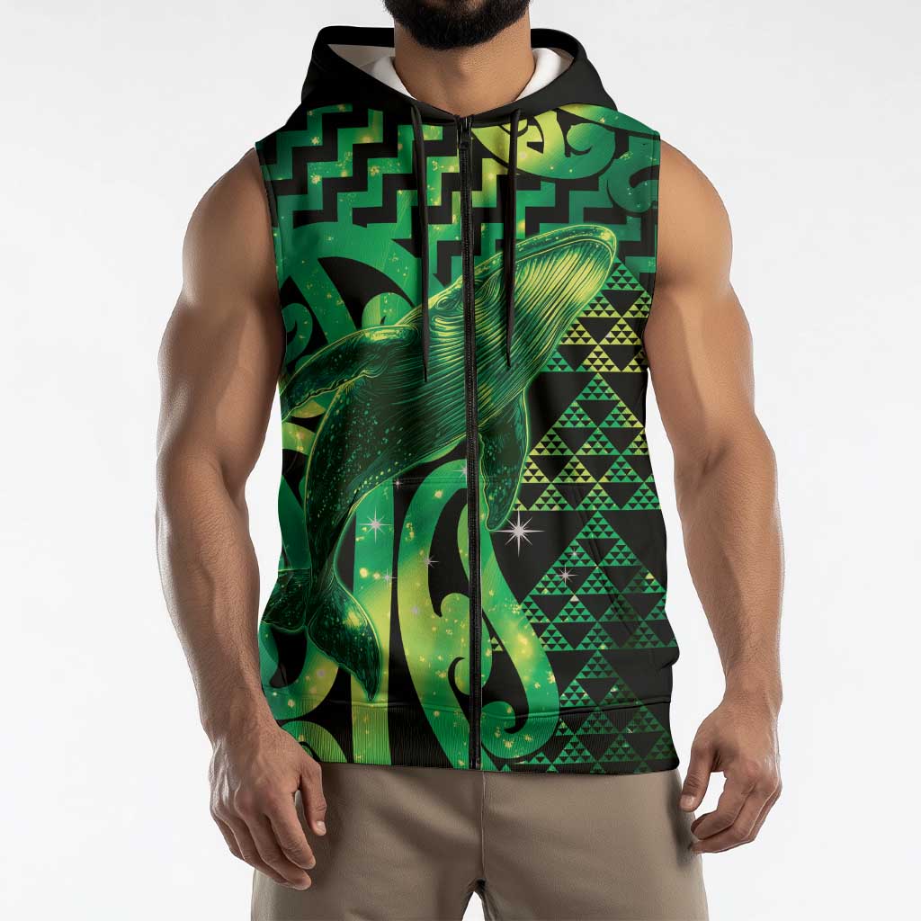 Humpback Whale Matariki New Zealand Sleeveless Zip Hoodie NZ Maori Paikea Poutama Luxury Green