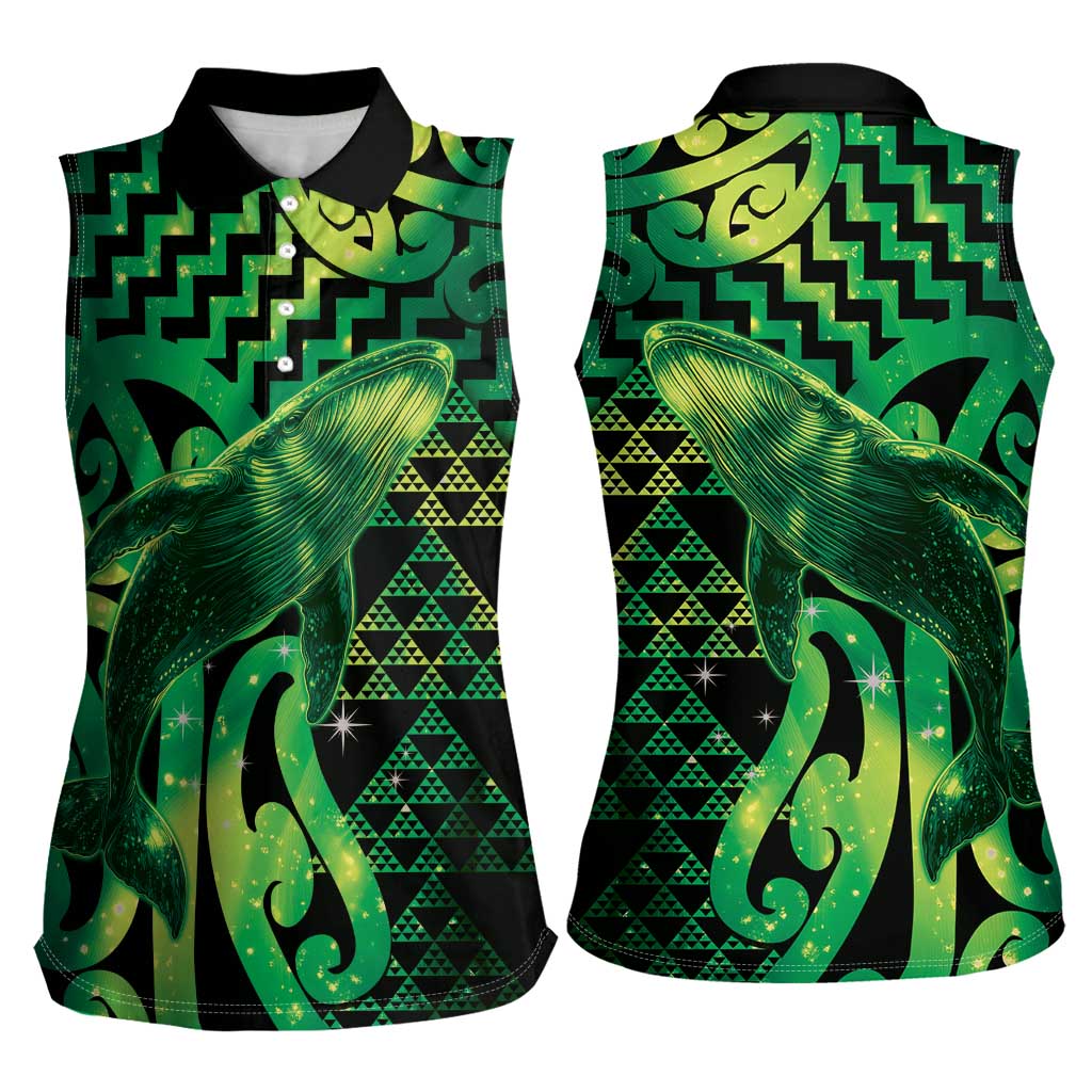 Humpback Whale Matariki New Zealand Women Sleeveless Polo Shirt NZ Maori Paikea Poutama Luxury Green