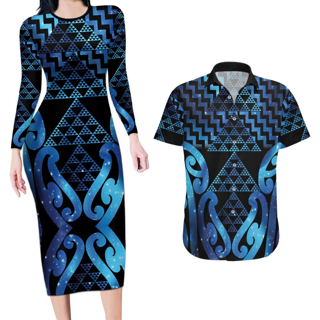 Taniko Motifs Matariki New Zealand Couples Matching Long Sleeve Bodycon Dress and Hawaiian Shirt NZ Niho Taniwha Poutama LT14 Blue - Polynesian Pride