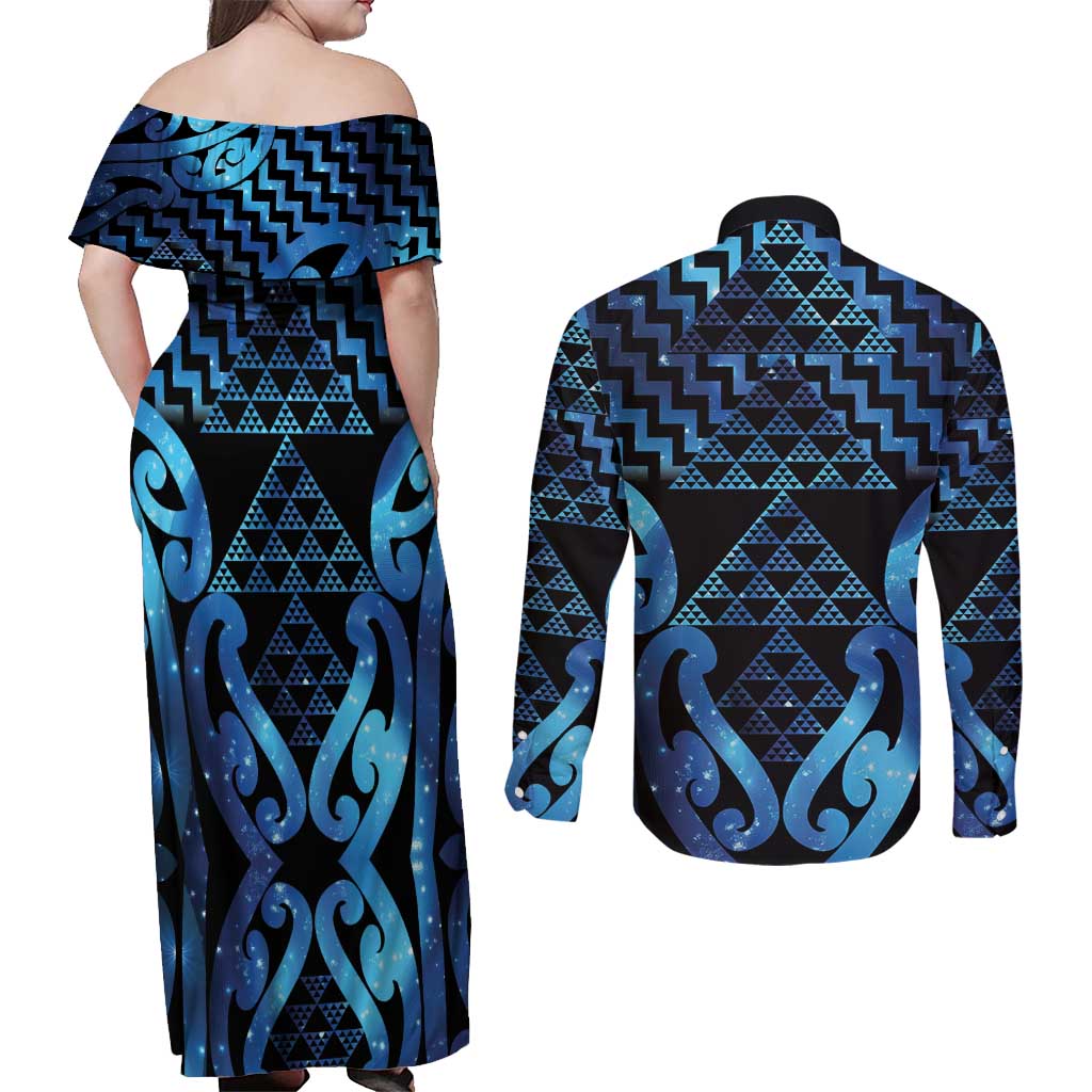 Taniko Motifs Matariki New Zealand Couples Matching Off Shoulder Maxi Dress and Long Sleeve Button Shirt NZ Niho Taniwha Poutama