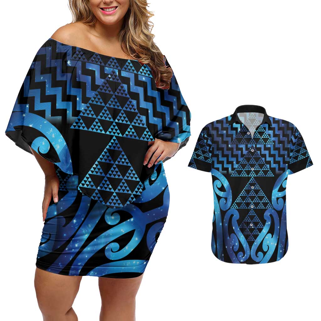 Taniko Motifs Matariki New Zealand Couples Matching Off Shoulder Short Dress and Hawaiian Shirt NZ Niho Taniwha Poutama LT14 Blue - Polynesian Pride