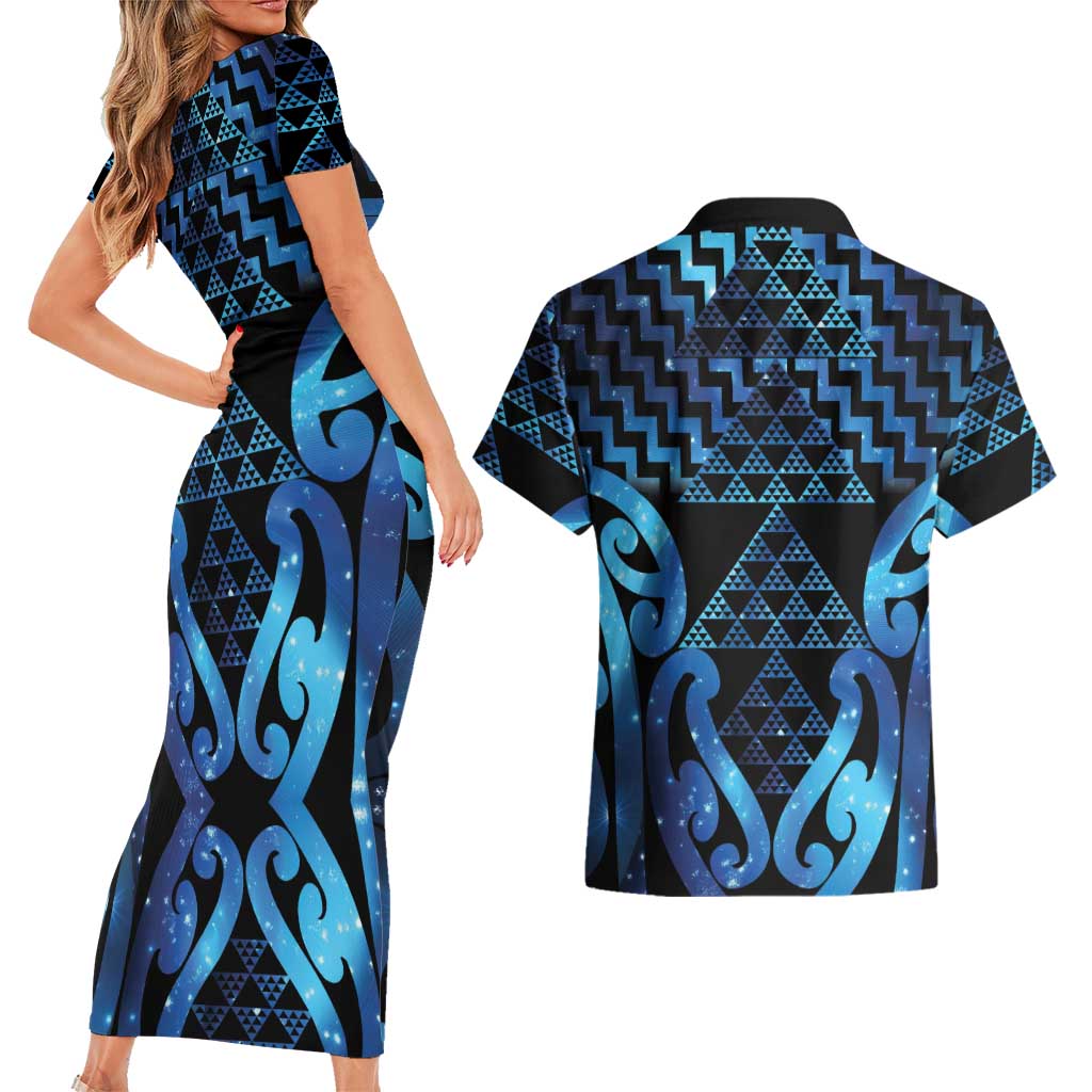 Taniko Motifs Matariki New Zealand Couples Matching Short Sleeve Bodycon Dress and Hawaiian Shirt NZ Niho Taniwha Poutama
