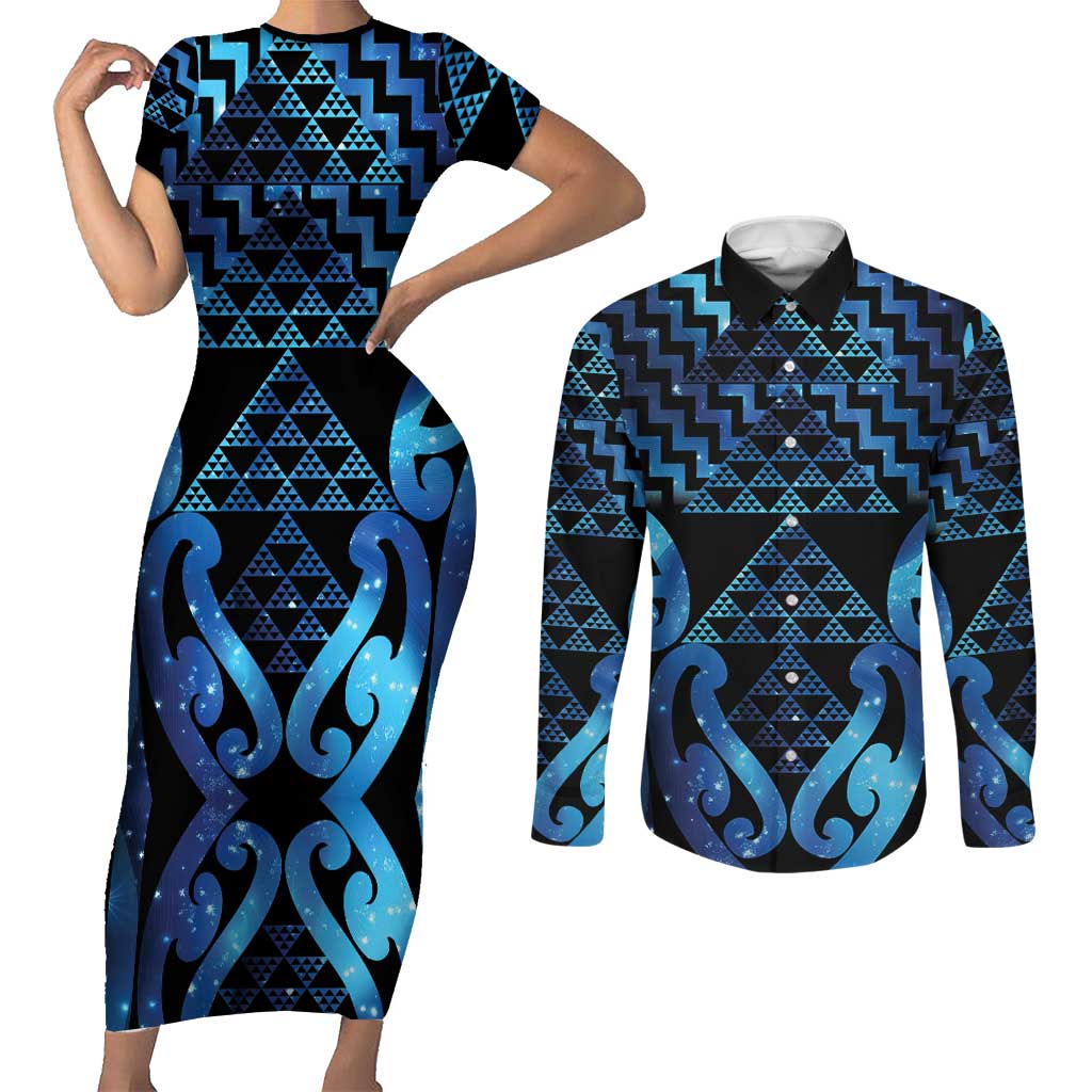 Taniko Motifs Matariki New Zealand Couples Matching Short Sleeve Bodycon Dress and Long Sleeve Button Shirt NZ Niho Taniwha Poutama LT14 Blue - Polynesian Pride