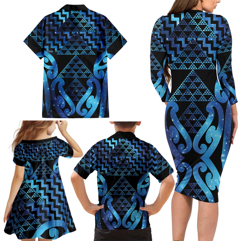 Taniko Motifs Matariki New Zealand Family Matching Long Sleeve Bodycon Dress and Hawaiian Shirt NZ Niho Taniwha Poutama