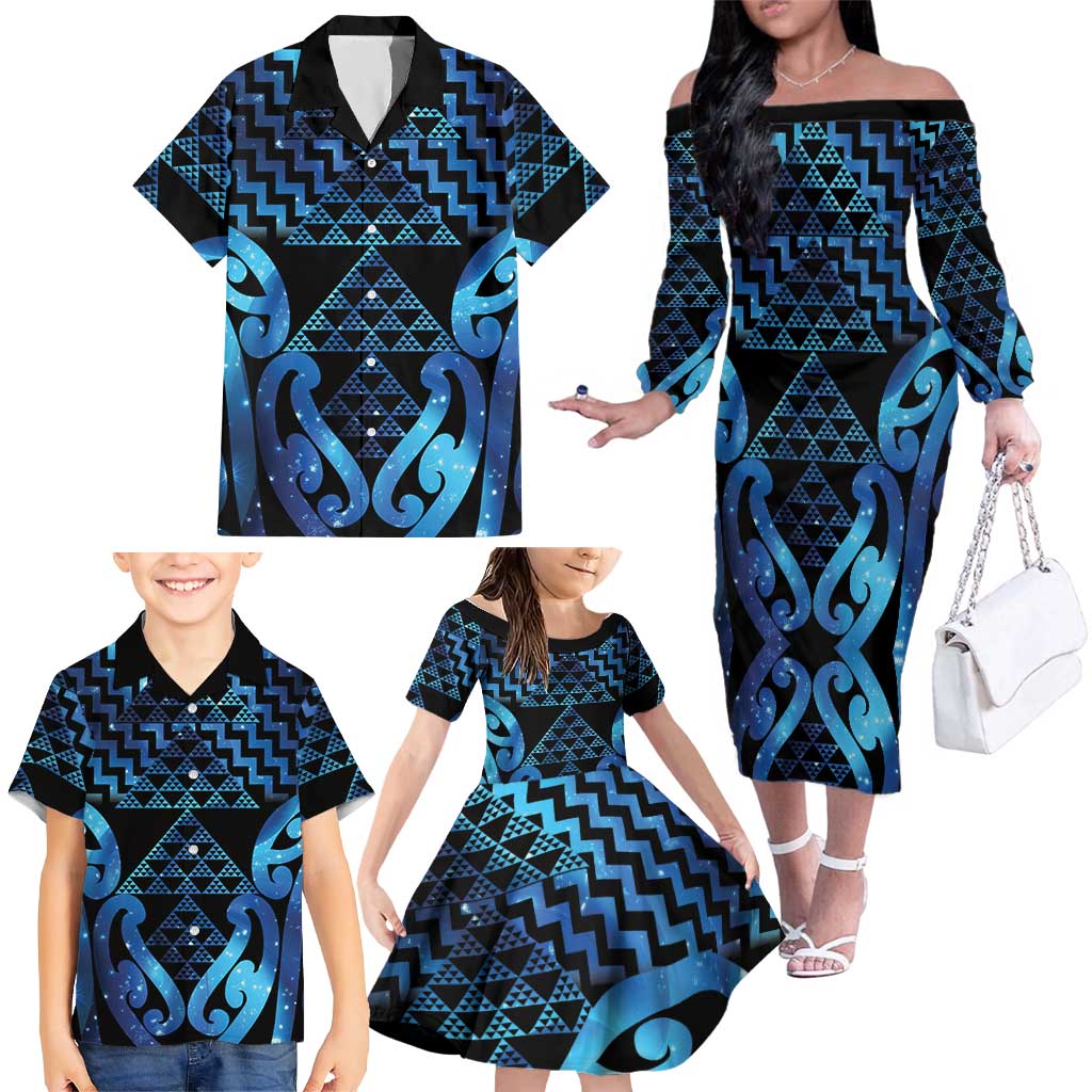 Taniko Motifs Matariki New Zealand Family Matching Off The Shoulder Long Sleeve Dress and Hawaiian Shirt NZ Niho Taniwha Poutama LT14 - Polynesian Pride
