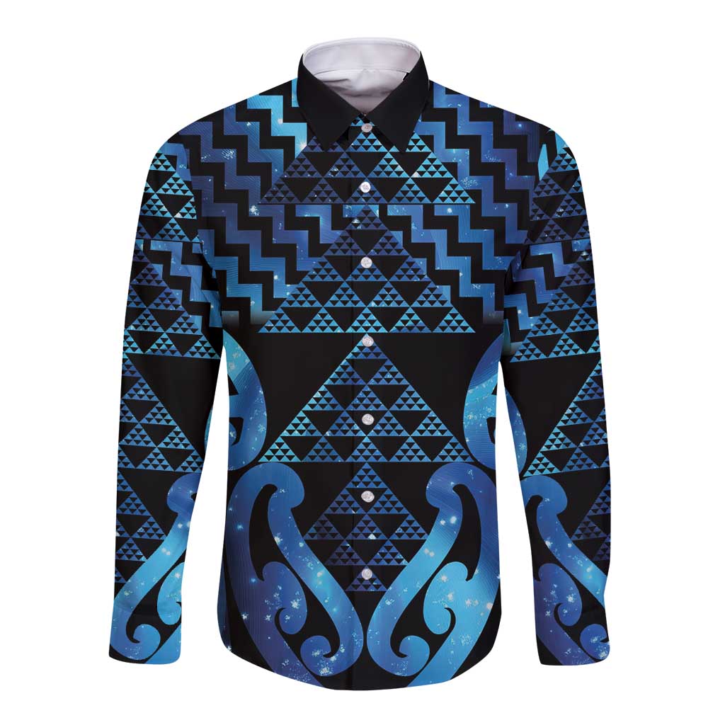 Taniko Motifs Matariki New Zealand Long Sleeve Button Shirt NZ Niho Taniwha Poutama LT14 Unisex Blue - Polynesian Pride