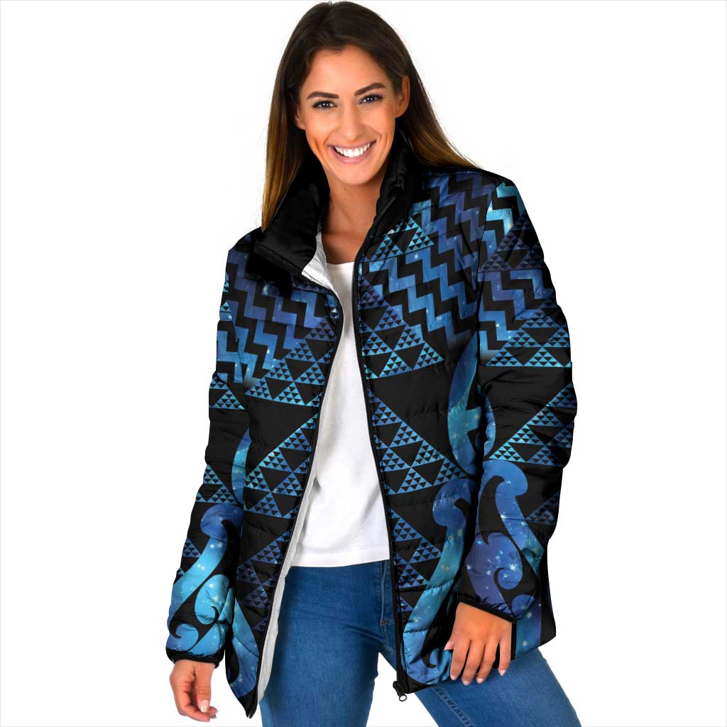 Taniko Motifs Matariki New Zealand Padded Jacket NZ Niho Taniwha Poutama LT14 Women Blue - Polynesian Pride