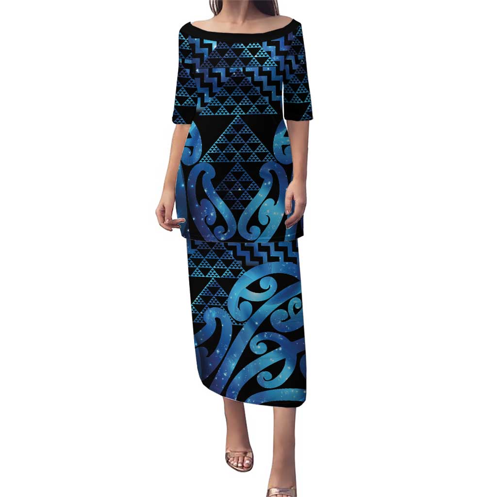 Taniko Motifs Matariki New Zealand Puletasi NZ Niho Taniwha Poutama LT14 Long Dress Blue - Polynesian Pride