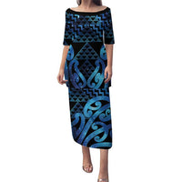 Taniko Motifs Matariki New Zealand Puletasi NZ Niho Taniwha Poutama LT14 Long Dress Blue - Polynesian Pride