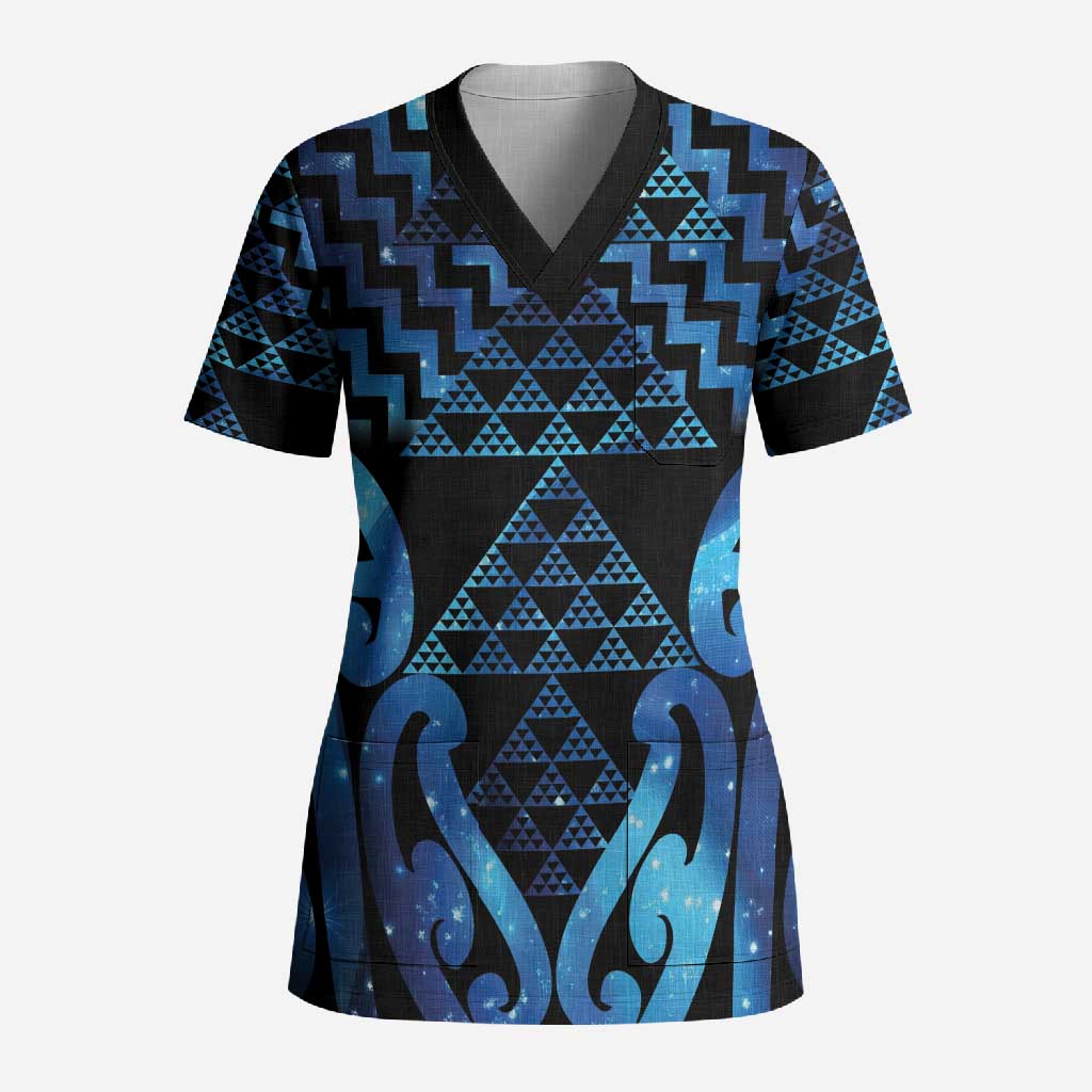 Taniko Motifs Matariki New Zealand Scrub Top NZ Niho Taniwha Poutama LT14 Adult Blue - Polynesian Pride